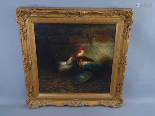 A Late Victorian Oil on Canvas, depicting a Cockerel and Hen, approx 47 x 47 cms, presented in a gold-painted frame.