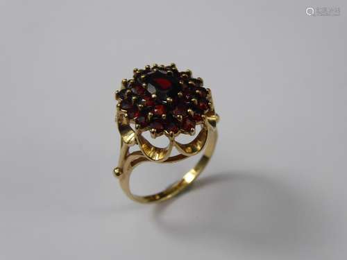 A Lady's 9ct Yellow Gold and Garnet Floral Cluster Ring, the ring set with centre garnet 7 x 5 mm, 16 x 2mm garnets, 8 x 2.5mm garnets, size N, approx 4.8 gms.