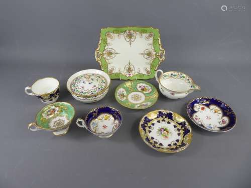 A 19th Century Spode Berry Sucrier and Creamer, decorated with small flowers and gilt edging, unmarked together with a Samuel Alcock Gilded Cup and Saucer, Green Gilded Cup and Saucer and a Royal Cauldon Gilded Sandwich Plate. (5)