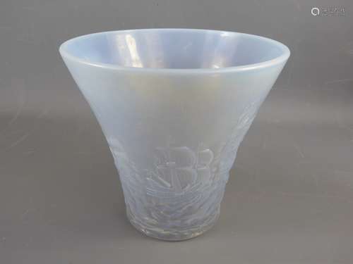 A Vintage Barolac Frosted Glass Vase, depicting a naval battle scene entitled 'Loss of the Revenge', approx 22 cms.