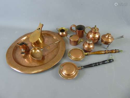 A Set of Twelve Child's Copper Pieces resting on a rectangular tray, including miniature bed warmers, coal scuttle, watering can amongst others.