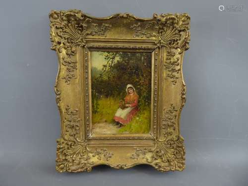 A Late Victorian Oil on Board, depicting a 'Girl Picking Wild Flowers', unsigned, approx 14 x 20 cms.