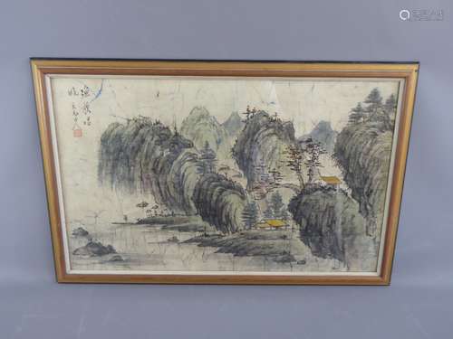 Tengy Yamabito A Black and White Painting on Fabric. The painting depicting a river scene of two houses amidst willow trees, approx 71 x 43 cms, signed top left,