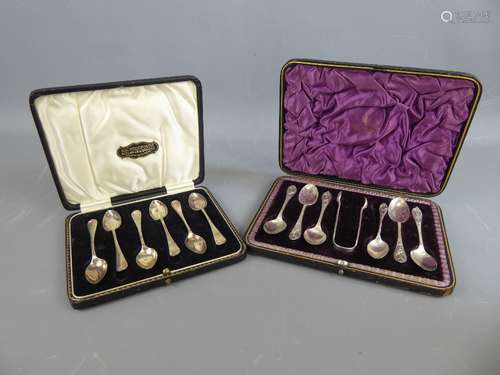 A.W. Staniforth, Cutler & Silversmith, Church Street, Cardiff, six coffee spoons together with five spoons by Barry & Sons together with an unstamped spoon and sugar tongs, both in original boxes.