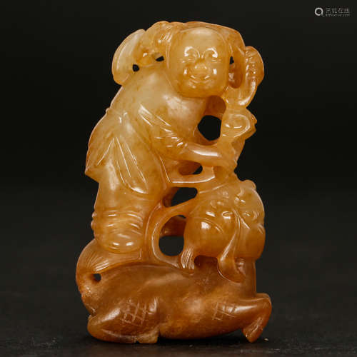 CHINESE JADE CARVED BOY WITH QILIN