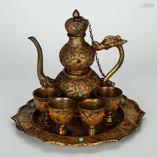 CHINESE GILT SILVER WINE EWER SET