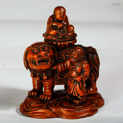 CHINESE HARDWOOD CARVED LOHAN AND FOOLION