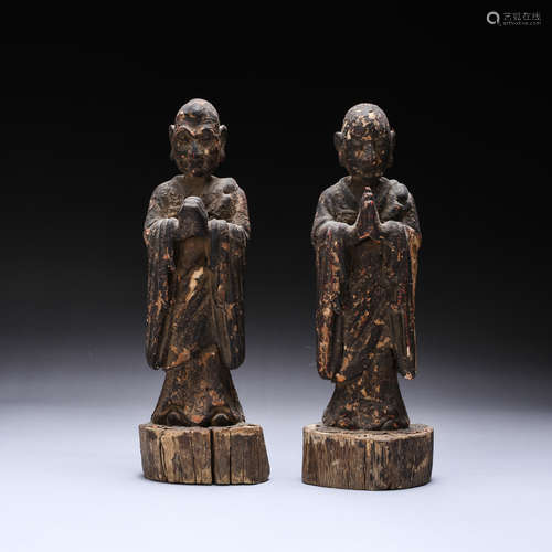 CHINESE WOODEN LOHAN, PAIR