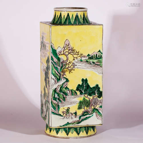 CHINESE FAMILLE ROSE LANDSCAPE CONG VASE