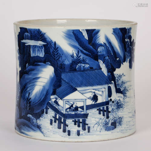 CHINESE BLUE AND WHITE PORCELAIN BRUSH POT