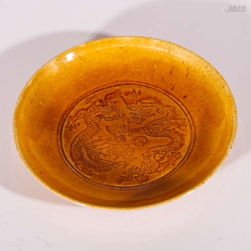 CHINESE YELLOW GLAZED PORCELAIN PLATE