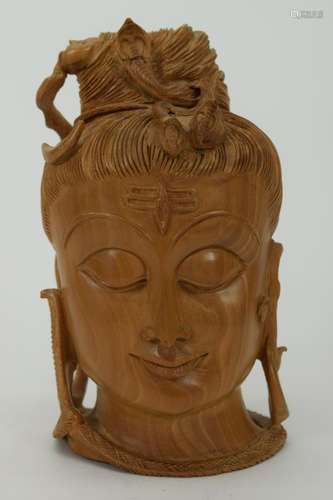 CARVED HINDU SANDALWOOD FIGURAL HEAD OF SHIVA