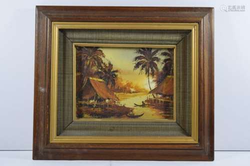 OIL PAINTING ON BOARD OF VILLAGE & BOAT SCENE