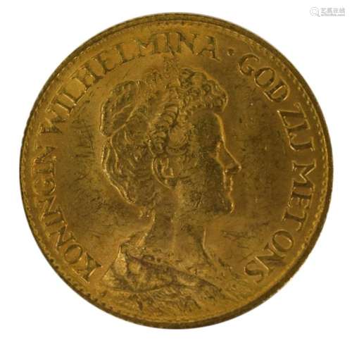 1913 NETHERLANDS GOLD 10 GUILDERS WILHELMINA COIN