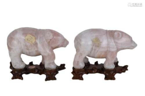 PAIR CHINESE CARVED ROSE QUARTZ PANDA BEARS