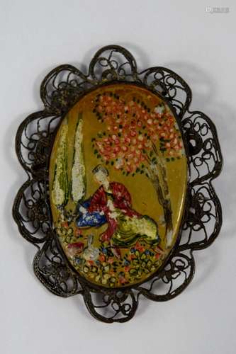 STERLING SILVER PAINTED MAIDEN FILIGREE BROOCH