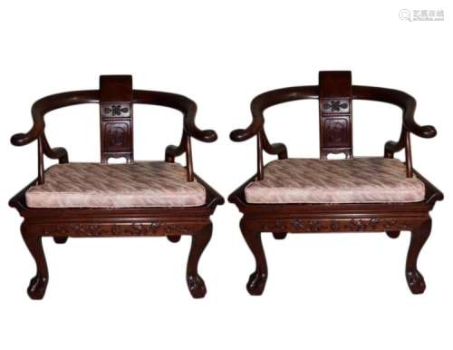 2 CHINESE CARVED ROSEWOOD HORSESHOE BACK CHAIRS