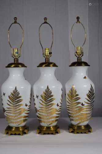 3 PORCELAIN GOLD & WHITE FLORAL BUTTERFLY LAMPS