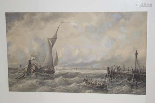 LARGE WATERCOLOR ENTRANCE TO AMSTERDAM HARBOUR