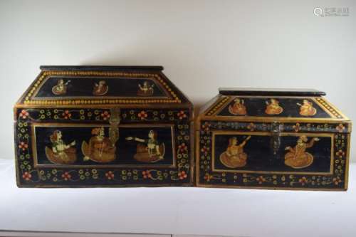 2 HAND PAINTED INDIAN WOODEN NESTING BOX CHESTS