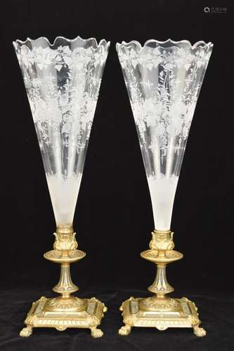 ANTIQUE BRASS MOUNTED CRYSTAL EPERGNE VASES