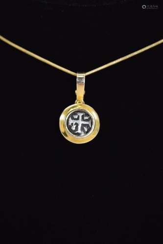 14K GOLD NECKLACE PENDANT ANCIENT SILVER COIN