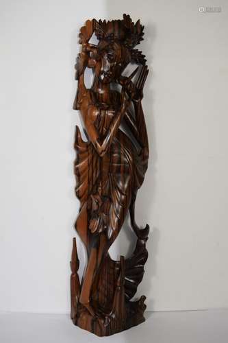 CARVED WOODEN HINDU BEAUTY w/ FLOWERS & BIRD