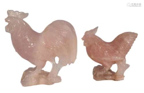 PAIR CHINESE CARVED ROSE QUARTZ ROOSTERS