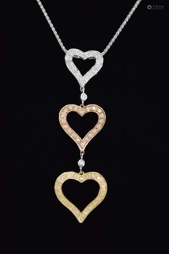 14K TRI COLOR GOLD TRIPLE HEART PENDANT & NECKLACE