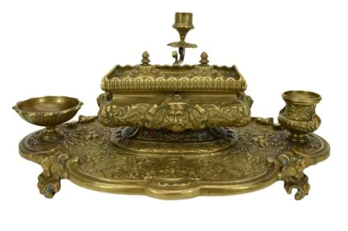 LG VICTORIAN ANTIQUE BRONZE INKWELL WRITING STAND