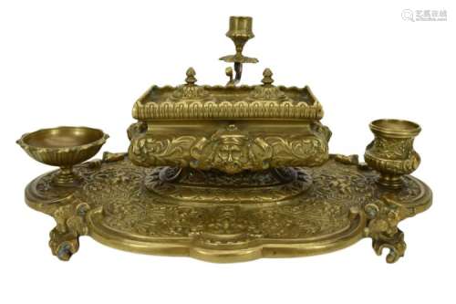 LG VICTORIAN ANTIQUE BRONZE INKWELL WRITING STAND