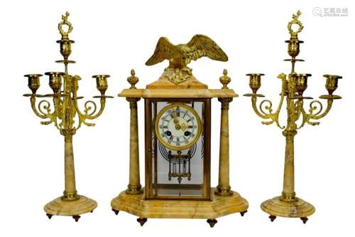 AD MOUGIN MARBLE CLOCK CANDELABRA GARNITURE SET