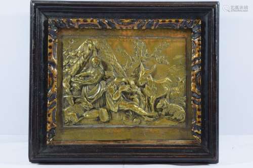 ANTIQUE BRASS REPOUSSE COTTAGE SCENE FRAMED