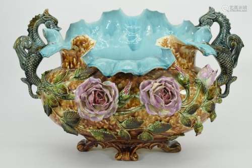 CONTINENTAL MAJOLICA DRAGON HANDLED CENTERPIECE