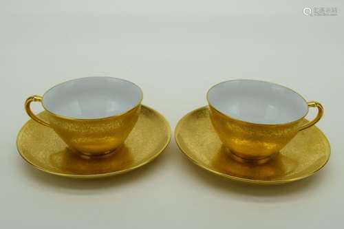 RARE PAIR ANTIQUE GOLD PORCELAIN CUP & SAUCERS