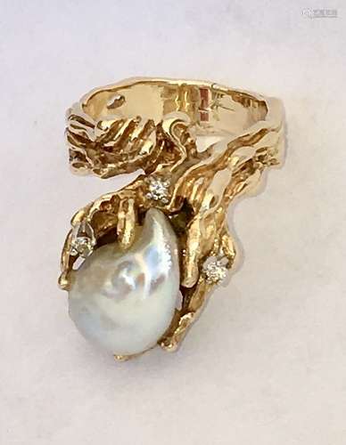 #14K GOLD FREEFORM BAROQUE PEARL DIAMOND RING