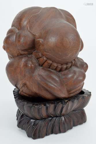 19TH C. CARVED WOOD MOURNING MONK ON LOTUS STAND