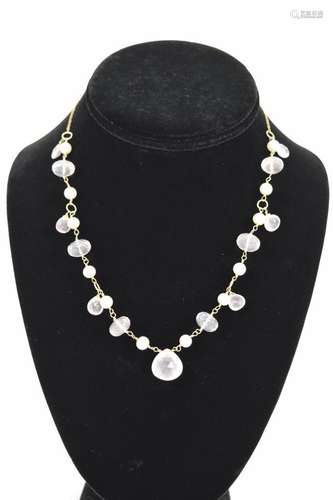 14K GOLD JEWELMAK ROSE QUARTZ PEARL NECKLACE