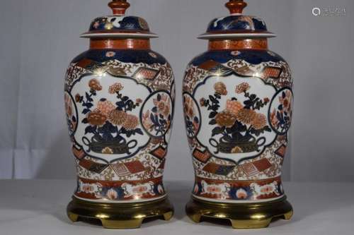 PAIR IMARI PORCELAIN LIDDED URNS TURNED LAMPS