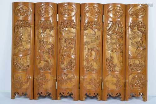 CARVED BAMBOO 6 PANEL CHINESE FOLDING TABLE SCREEN