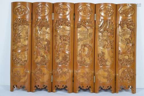 CARVED BAMBOO 6 PANEL CHINESE FOLDING TABLE SCREEN