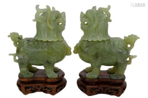 PAIR CHINESE CARVED HARDSTONE GUARDIAN LION FOO DOGS