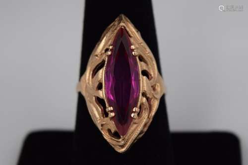 RUSSIAN .585 GOLD MARQUISE CUT RUBY RING