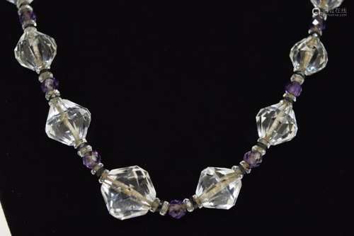 14K GOLD AMETHYST & CUT CRYSTAL BEADED NECKLACE