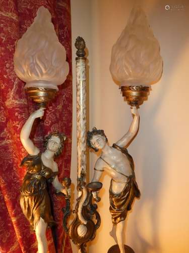 CONTINENTAL PAINTED BRONZE FIGURES LAMP