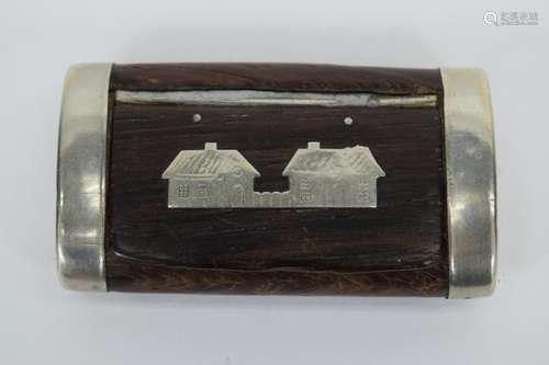 ANTIQUE STERLING SILVER MOUNTED WOOD SNUFF BOX