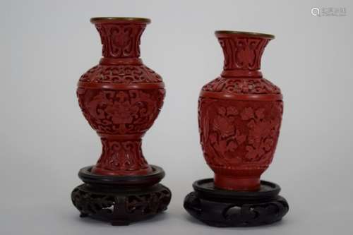 ANTIQUE CINNABAR LACQUER ALTER PEONIES VASES