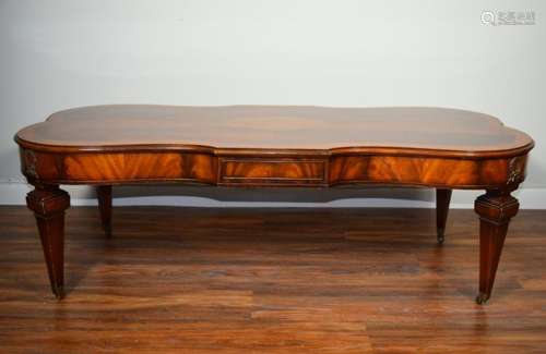 MID CENTURY BURL WOOD INLAY WHEELED TABLE