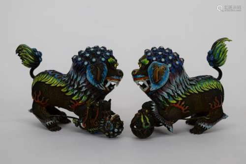 PAIR CHINESE SILVER & ENAMEL FOO DOGS