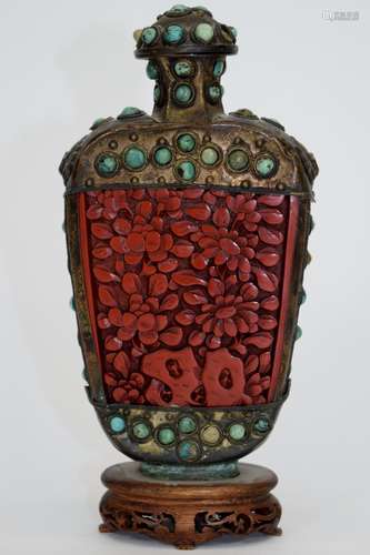 SILVER TURQUOISE CINNABAR TABLE SNUFF BOTTLE